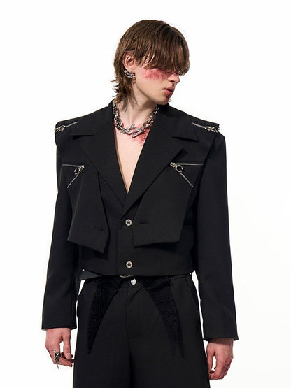 Two-piece Notched with Black Detachable Cape， Details Shoulder Unisex Zip Short Collar Jacket