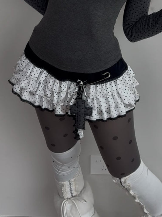 Gothic Pattern Polka Ruffles - Skirt Dot with White Tiered Black