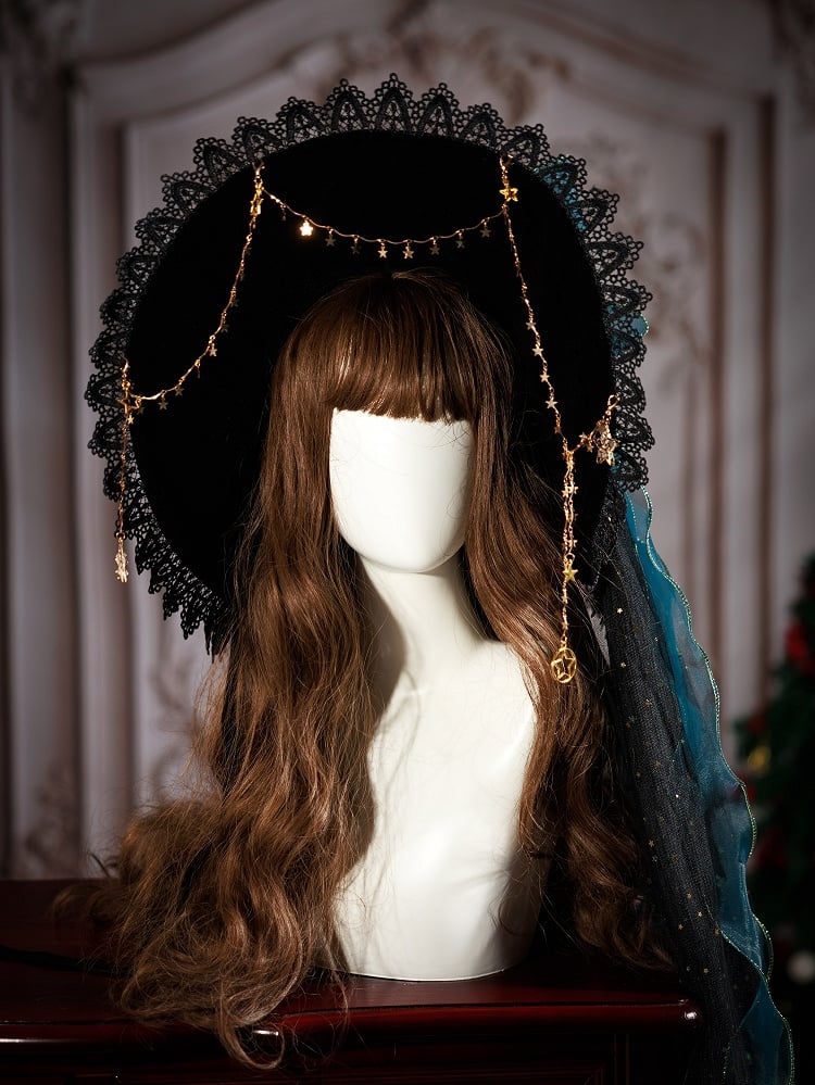 Fancy Peacock Teal Ribbon Bow Christmas Witch Hat with Optional Shiny Veil and Stars Chain