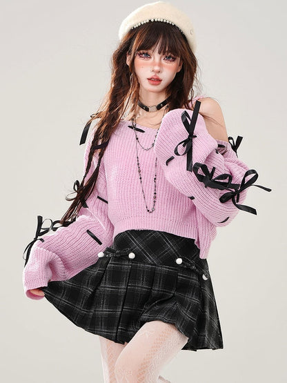 Blau/pinkes Set aus kurzem Pullover mit Schleifen an den Ärmeln und Camisole-Top