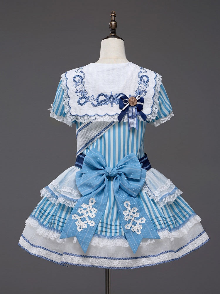 Light Blue Striped Low Waist Sailor Dress with Embroidery - Twin Bear Original Design