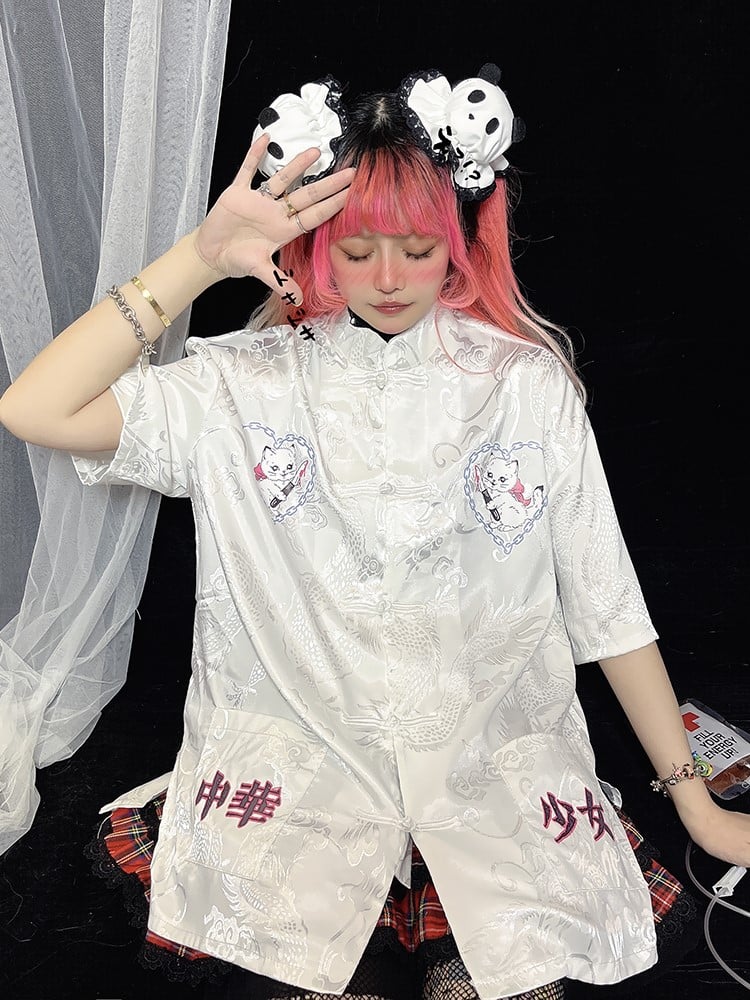 and Cat White Cheongsam Motif Blouse Dragon Sleeve with Long/Short