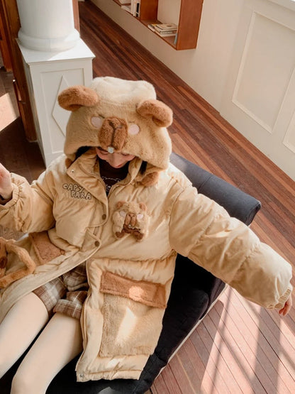 Khaki Cute Capybara Adorned Hooded Down Jacket Detachable Hood