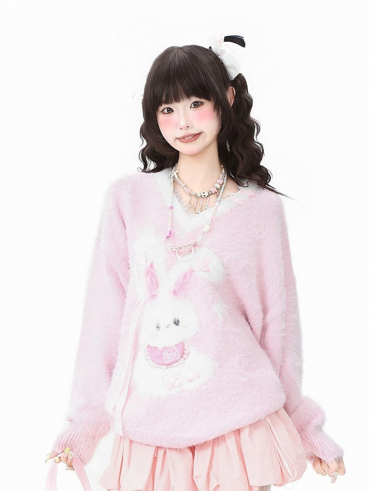 Decorative Motif Strap Sweater Kawaii V-neck Bunny Self-tie - Daily Blue/Pink