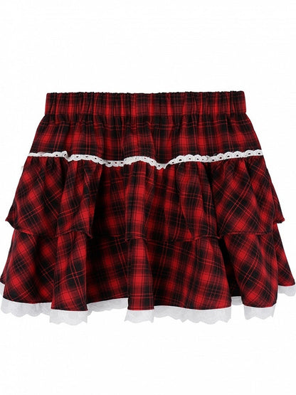 Y2K Black Sailor Collar Top with Red Plaid Tiered Skirt Set