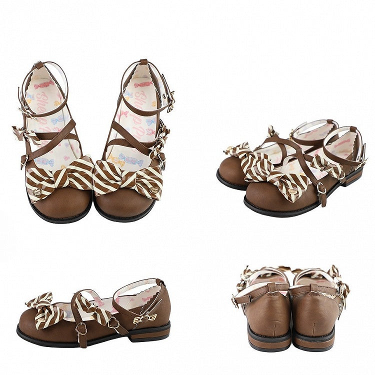 Braune Lolita-Schuhe mit Schnallenmuster und gestreiftem Herz- und Schleifendesign im Crisscross-Top-Design