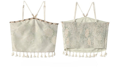 フリンジヘムホリデートップ ライトグリーン ホルターネック フローラルプリント