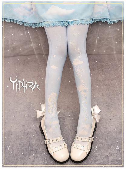 Süße Lolita-Strumpfhose mit blauem Stern, Mond und Wolke