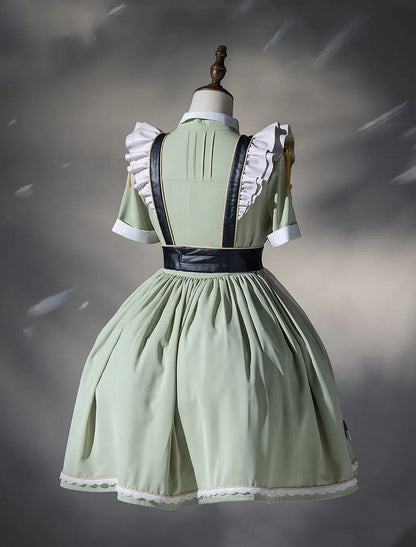Flatter-Militär und Set, kurze Schürze, grünes Kleid, volle Dienstmädchen-Hülsen, leichte Lolita-Ärmel