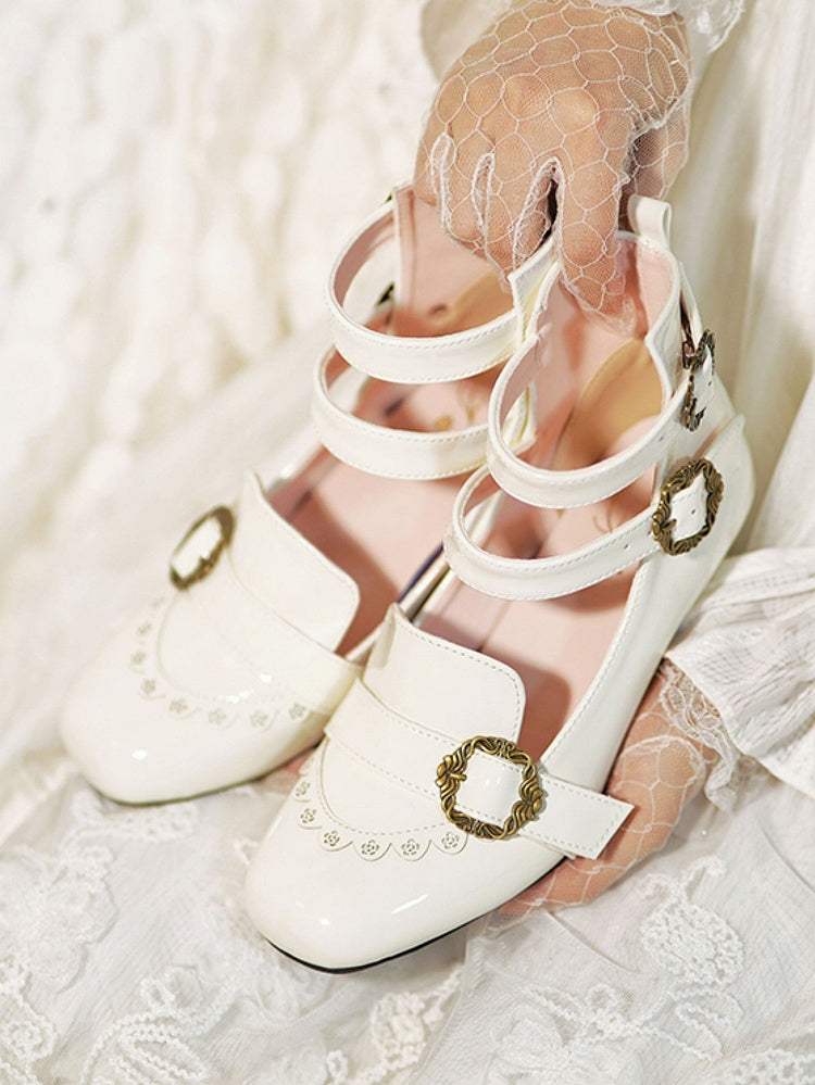 Details Lolita Elegant Mid-Heel Three-Strap Mary Rose Creamy Janes Closure White Romantic -