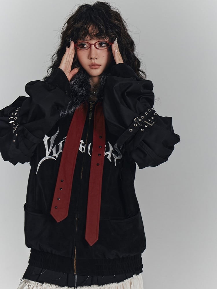 with Jacket Fall/Winter Streetwear Punk Collar Faux Y2K Fur Studded Red Straps Black
