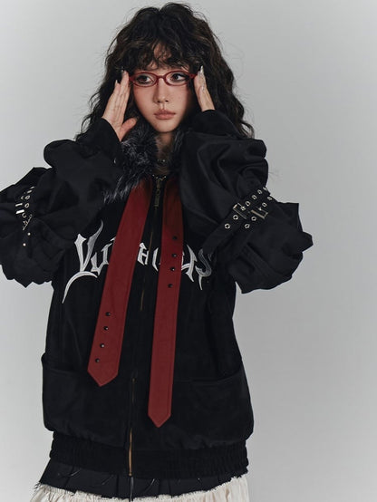 with Jacket Fall/Winter Streetwear Punk Collar Faux Y2K Fur Studded Red Straps Black
