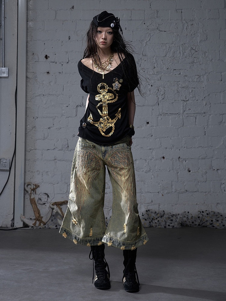 Schwarz/Weißes Navycore-Grafik-T-Shirt im Distressed-Design