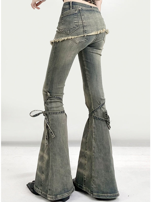 Design Jeans Silhouette Schnürung Verblasst Glamourös Waschung Bittersüß Detail Kawaii Grün Flare
