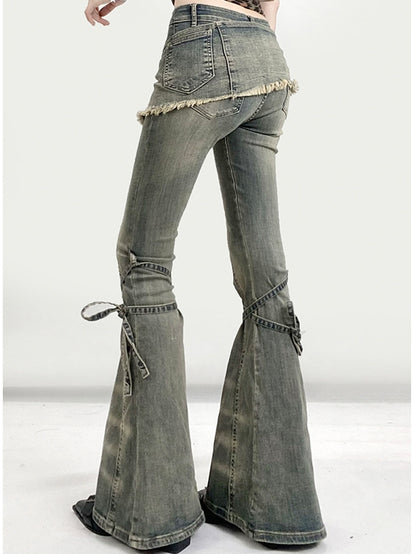 Design Jeans Silhouette Schnürung Verblasst Glamourös Waschung Bittersüß Detail Kawaii Grün Flare