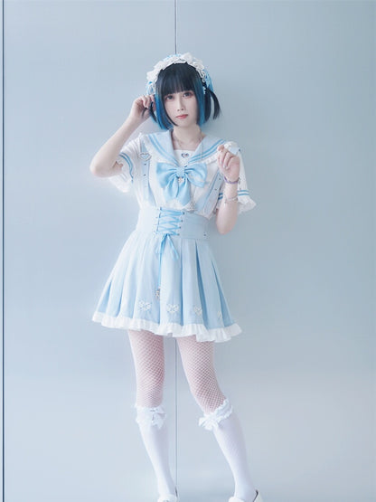 Cutout Bluse Blau Bowknot Weiß Matrosenkragen Herzförmiges Licht