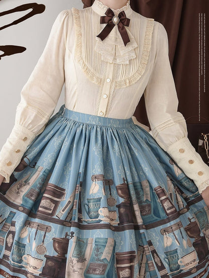 Beige Leg-of-Mutton Sleeves Lace Trim Elegant Blouse - Dream Whale