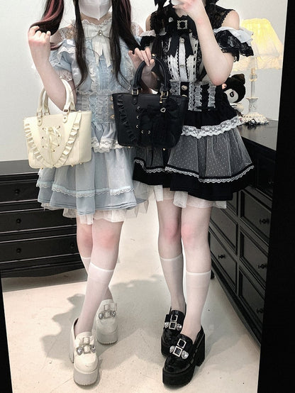 Waist Sweetheart Buttons Trim High Lace Black/Pink/Blue