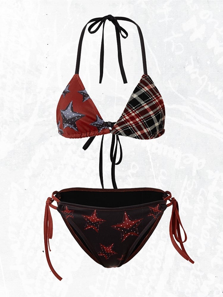 Star-Print Swimsuit Black Bikini with Punk Tie Set Plaid Details Red
