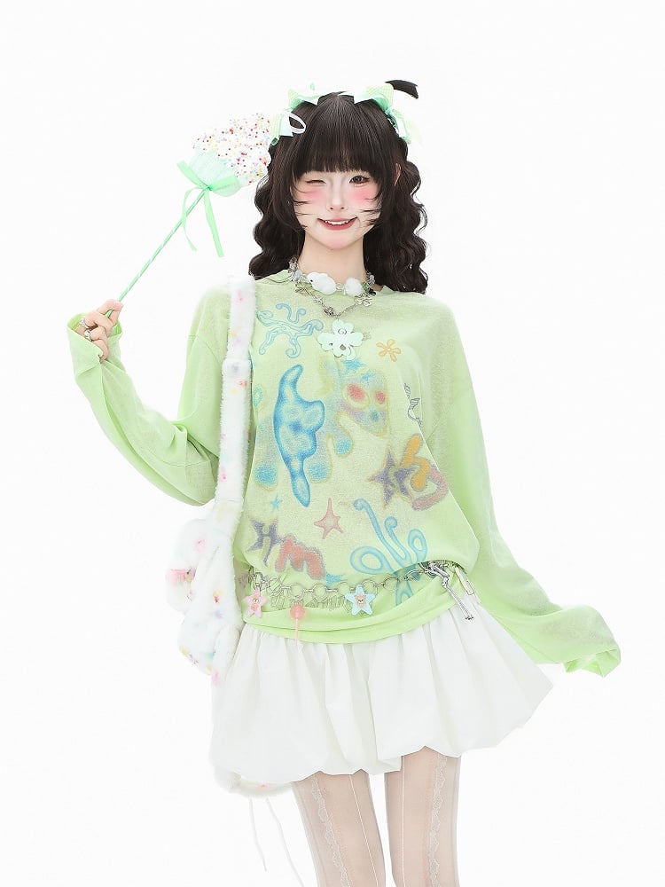 Sun Protection Long Top Vibrant Loose-Fit White/Green Sleeve Print