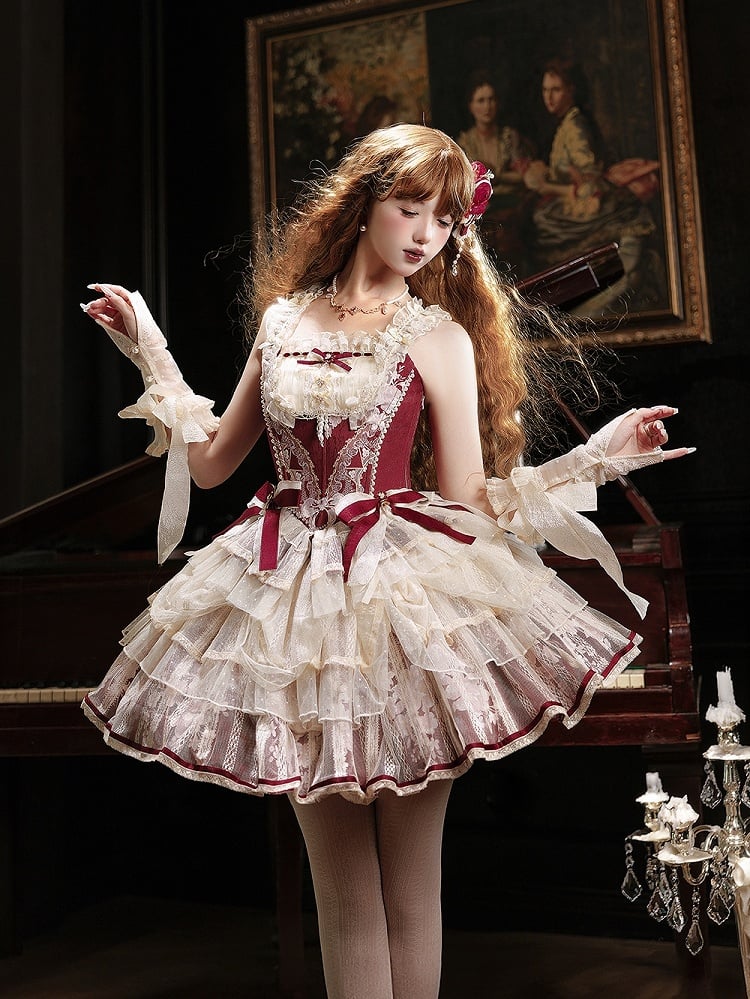 Lolita Red Skirt Print Princess + Boned Floral Corset Wine Balletcore Top