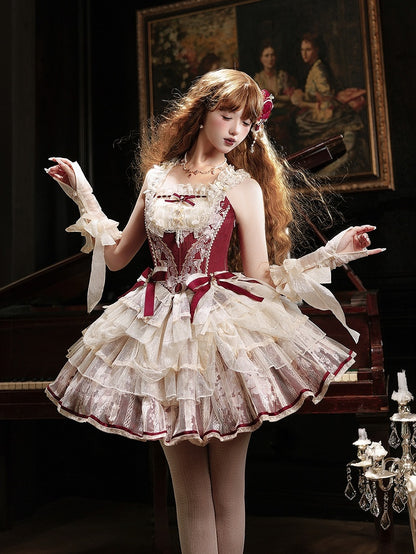 Wine Red Balletcore Princess Corset Top with Floral Skirt - Nine Odes