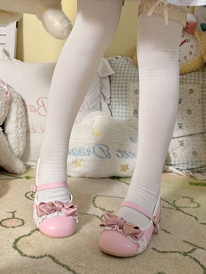 Elegant Lolita Light Pink Mary Janes - Heart-Embellished Bow with Lace Trim & Scalloped Edge