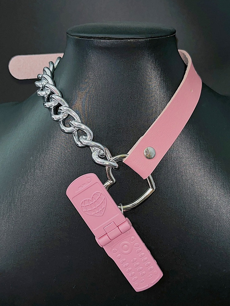 PU Pink/Silver Phone Y2K Pendant Choker