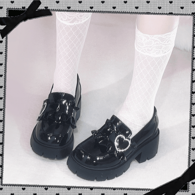 Black Chunky Platform Loafers with Beaded Sweetheart - Sarina