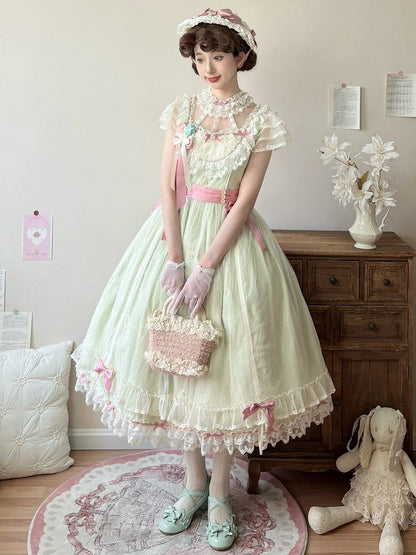 Bow Elegant Lolita Light Green Details Lace with Long and Classic Dress Version