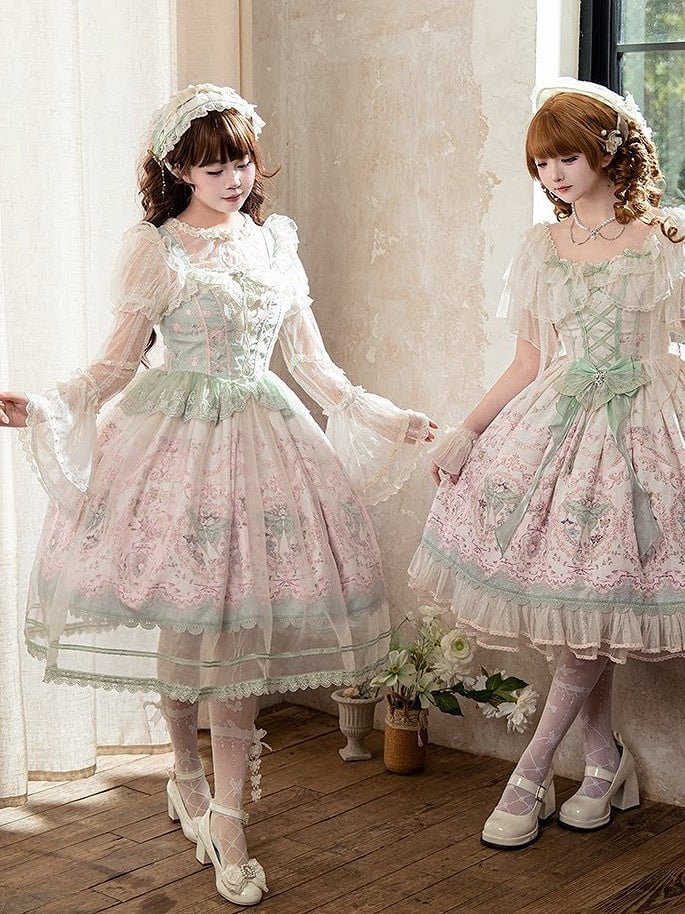 JSK Moth and with Green Pink Overlay Print Floral Dress Lolita Elegant