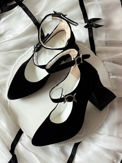 Thorn Black Embellished with Toe Fasteners Pointed Mary High-heel Elegant Janes Snap Lolita