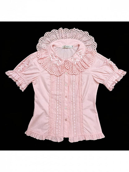 Pink Sweet Lolita Short Sleeve Cotton Blouse Bow Summer