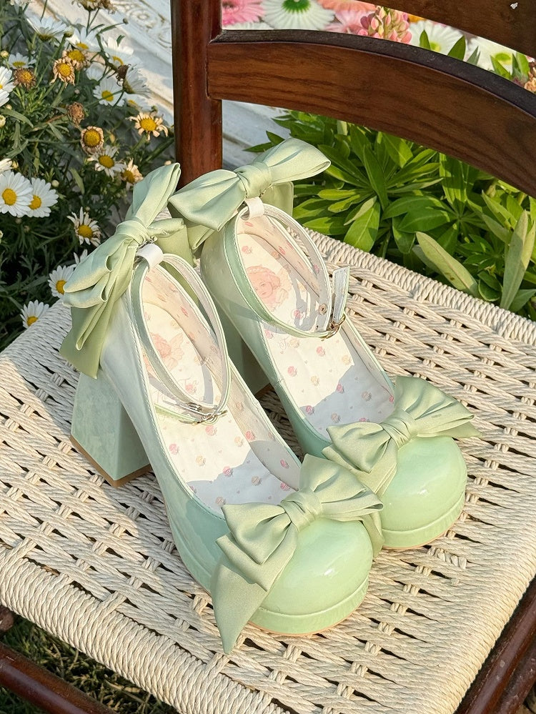 Green Sweet Toe Bowknot Lolita Platform Janes Round Mary Shoes Details