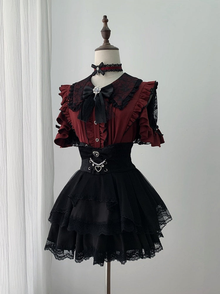 Jirai Kei Black & Red Lace Cutout Shoulder Short Sleeve Ruffle Blouse - Ekomi