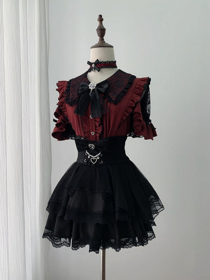 Jirai Kei Black & Red Lace Cutout Shoulder Short Sleeve Ruffle Blouse - Ekomi