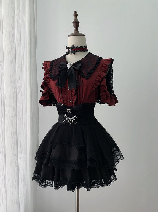 Jirai Kei Black & Red Lace Cutout Shoulder Short Sleeve Ruffle Blouse - Ekomi