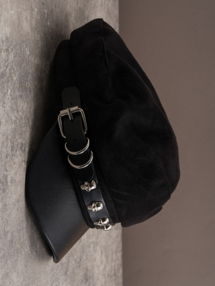 Decorated Gothic Black Design Buckle Hat Skeleton Beret