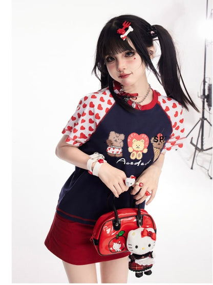 パターン ネイビーブルー カラーブロック デザイン テディベア プリント Tシャツ ハート