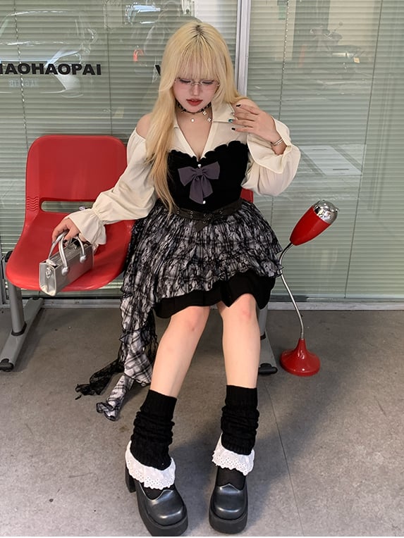 Bishop Dress Pleated Cutout Shoulder and Skirt / Sleeves Plus Size Black Brown with