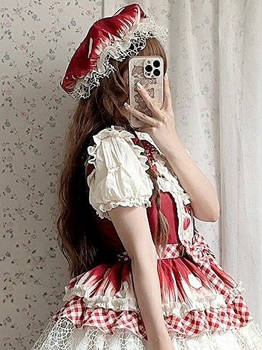 Red Beige Tie-Dye Mushroom Hat with Lace Netting - Honey Machine