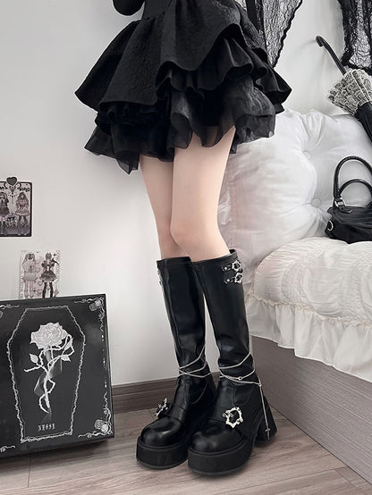 Knee-high Gothic Y2K Detachable Polished with Cross Chains in Black Boots Platform Buckles Coffin