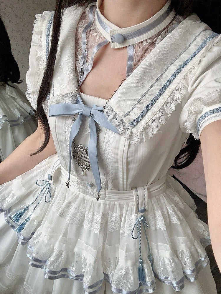 Ivory and Azure Stitched Sailor Gown with Detachable Collar - Honey Machine