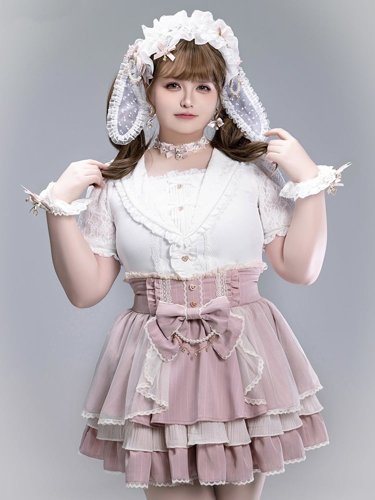 Sweet Pink Striped High-Rise Tiered Skirt with Laced Back Waist & Removable Bow - Fluffy Heart