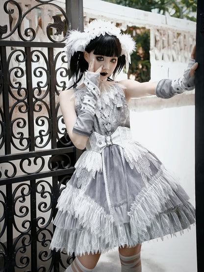 Dress Skirt Panel Buckle Gray Feather Shoulder Lolita Lace Gothic Straps
