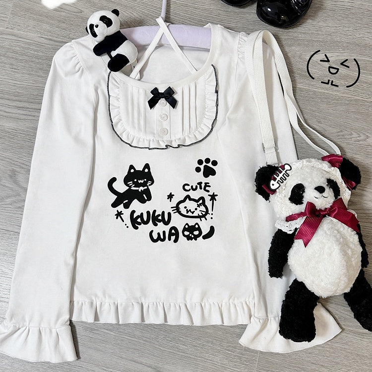 Halter Top with Cute Print White Cat Bib-Style