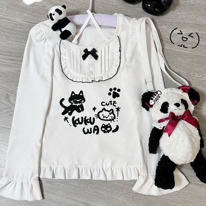 Halter Top with Cute Print White Cat Bib-Style