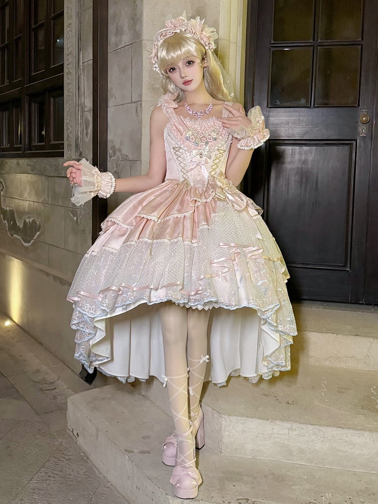 Hem Short Pink Lolita with Embroidery Version High-low Dress Corset Hanayome Floral Waist Layered