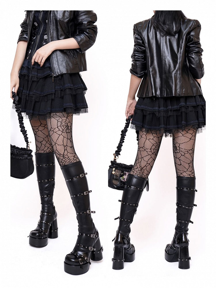 Boots Punk Buckle Zip Black Block Straps Under Inner Platform Version Heel Knee - Closure Regular High