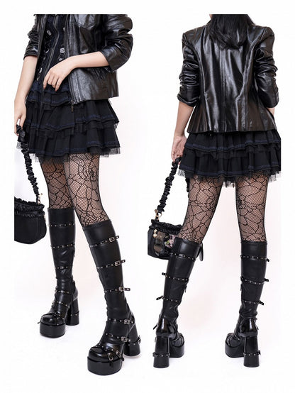 Boots Punk Buckle Zip Black Block Straps Under Inner Platform Version Heel Knee - Closure Regular High